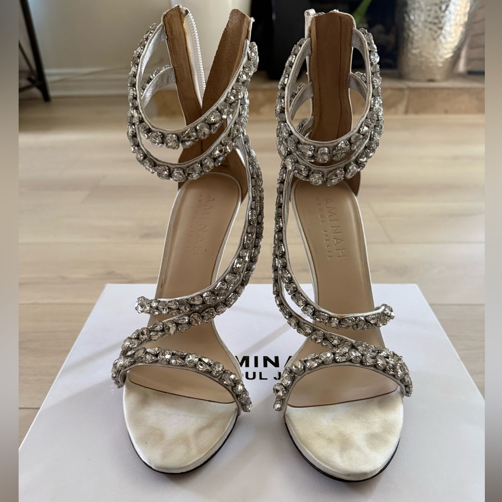 Amina Abdul Jillil  Crystal Embellished Ivory Strappy satin heels